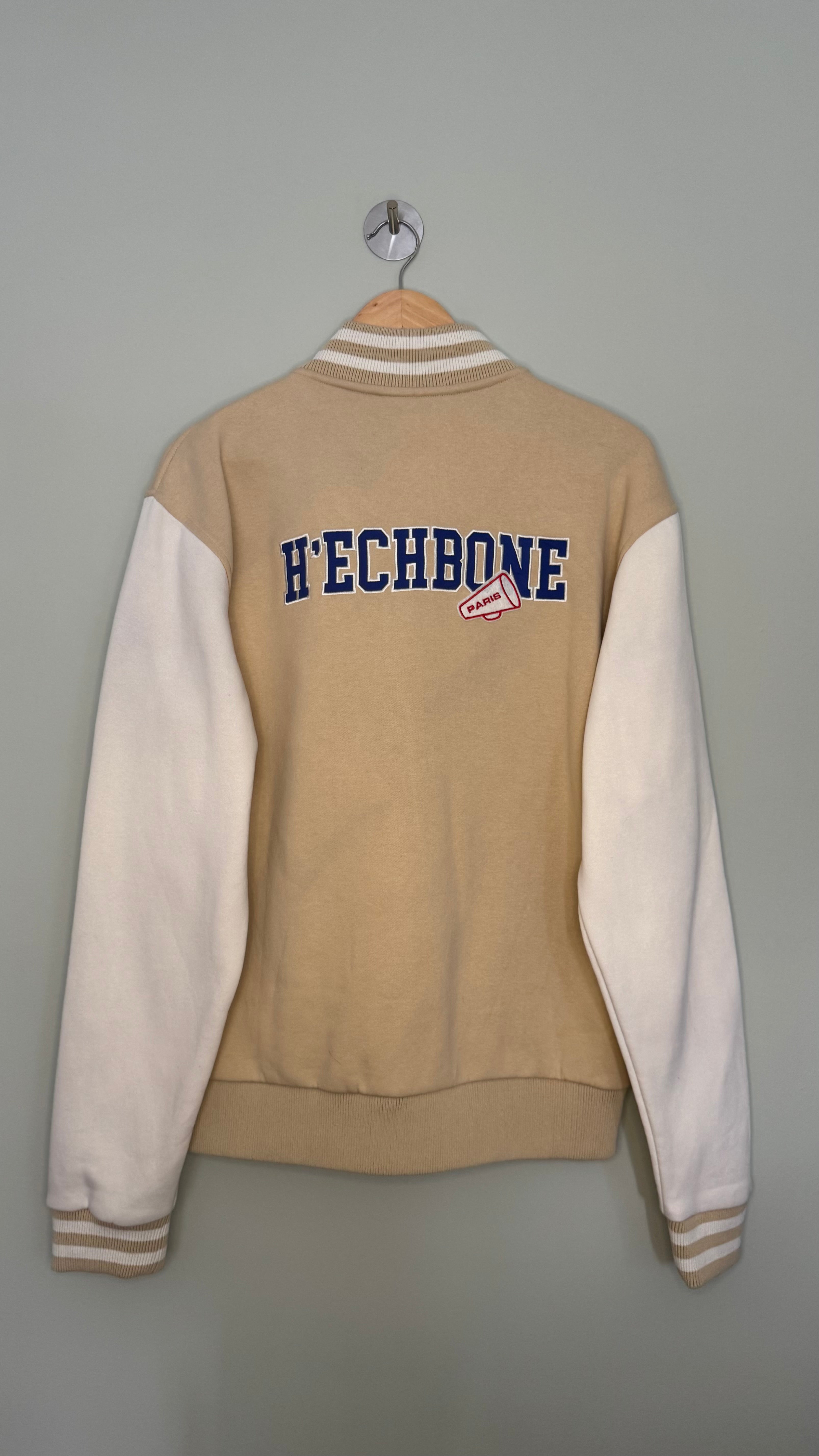 H’ECHBONE Paris Varsity Bomber Jacket Beige & White Size L