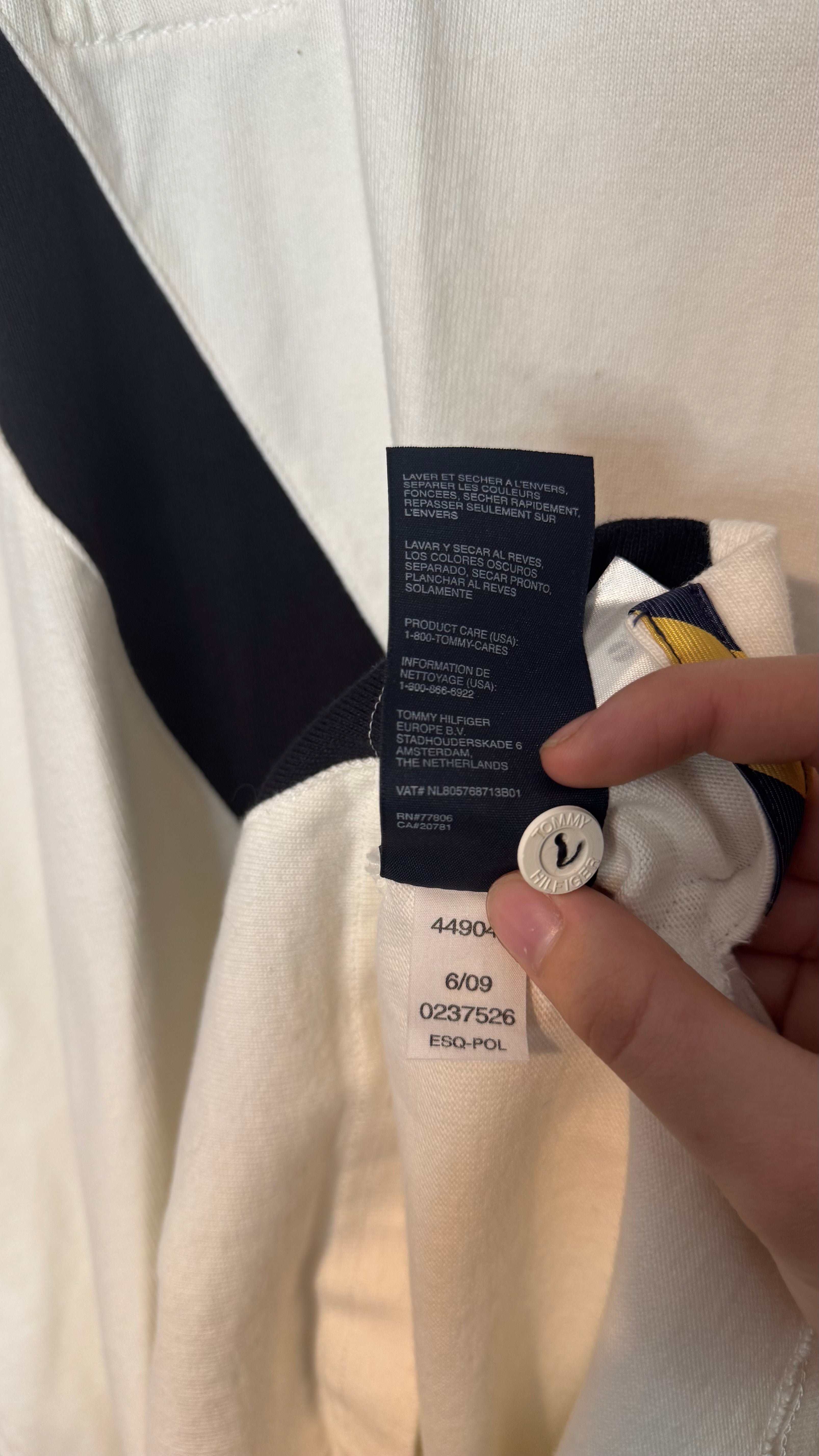 Tommy Hilfiger Rugby Polo Shirt White Navy Crest Long Sleeve Size Small