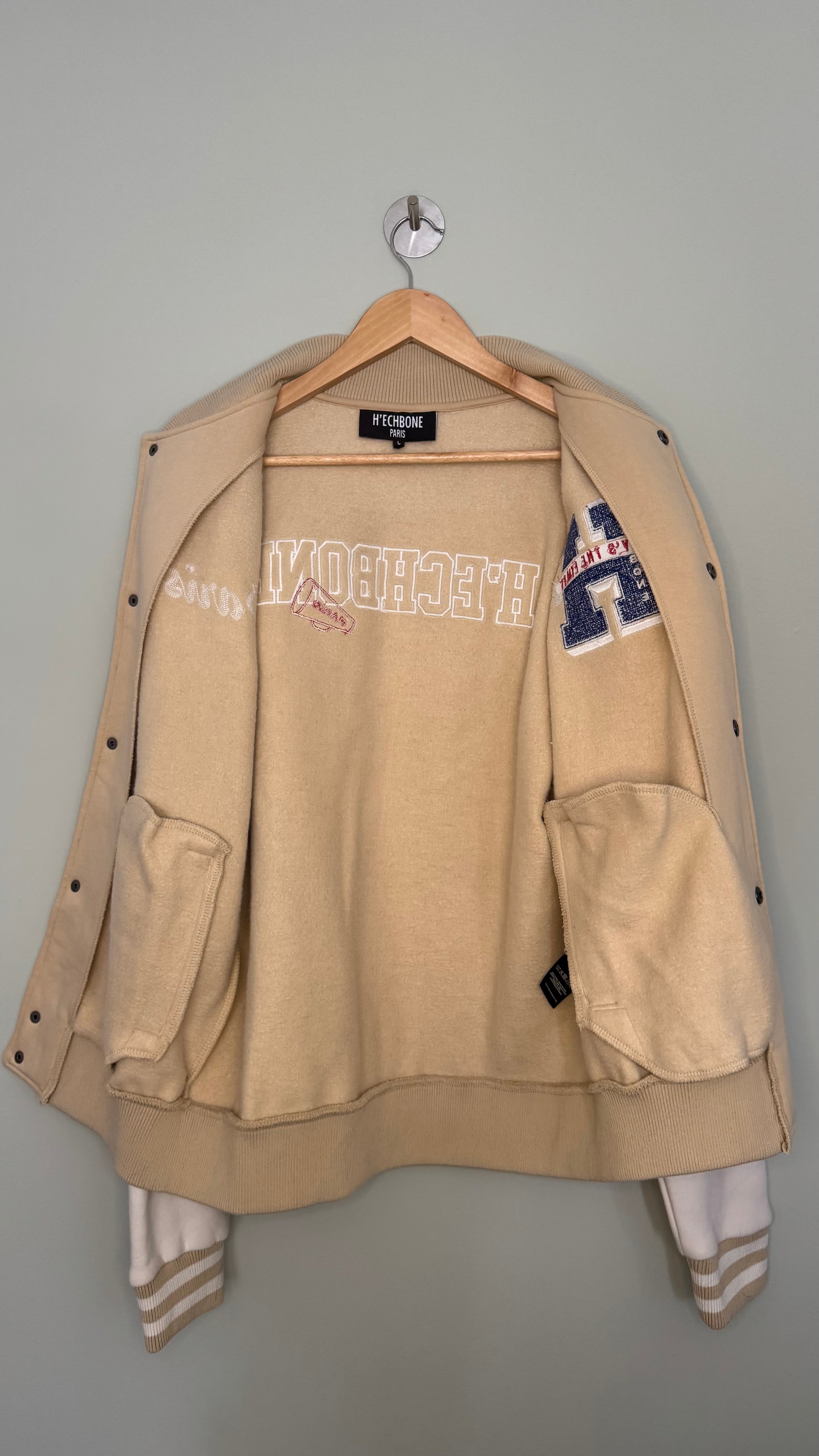 H’ECHBONE Paris Varsity Bomber Jacket Beige & White Size L