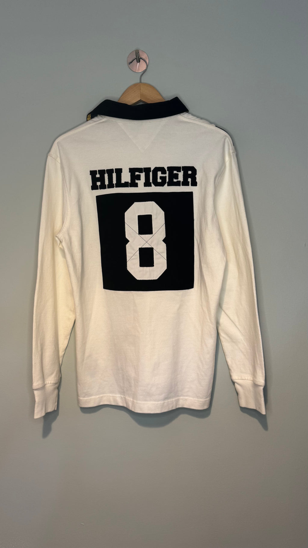 Tommy Hilfiger Rugby Polo Shirt White Navy Crest Long Sleeve Size Small