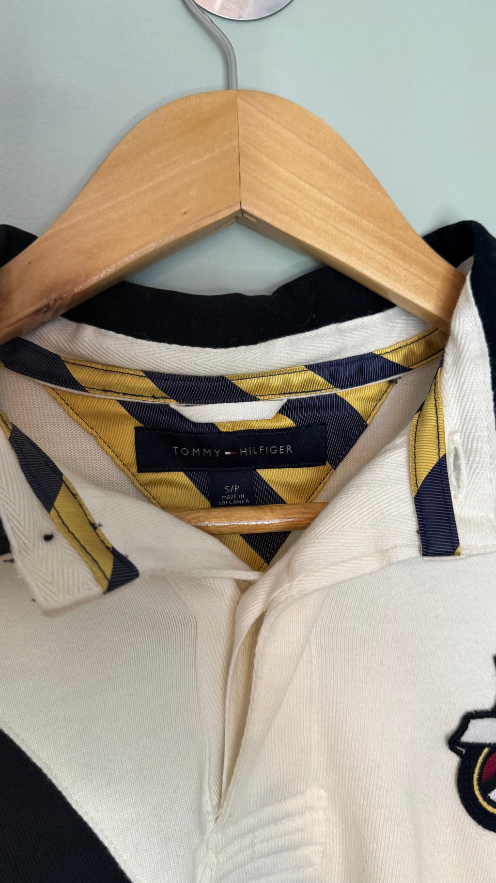 Tommy Hilfiger Rugby Polo Shirt White Navy Crest Long Sleeve Size Small