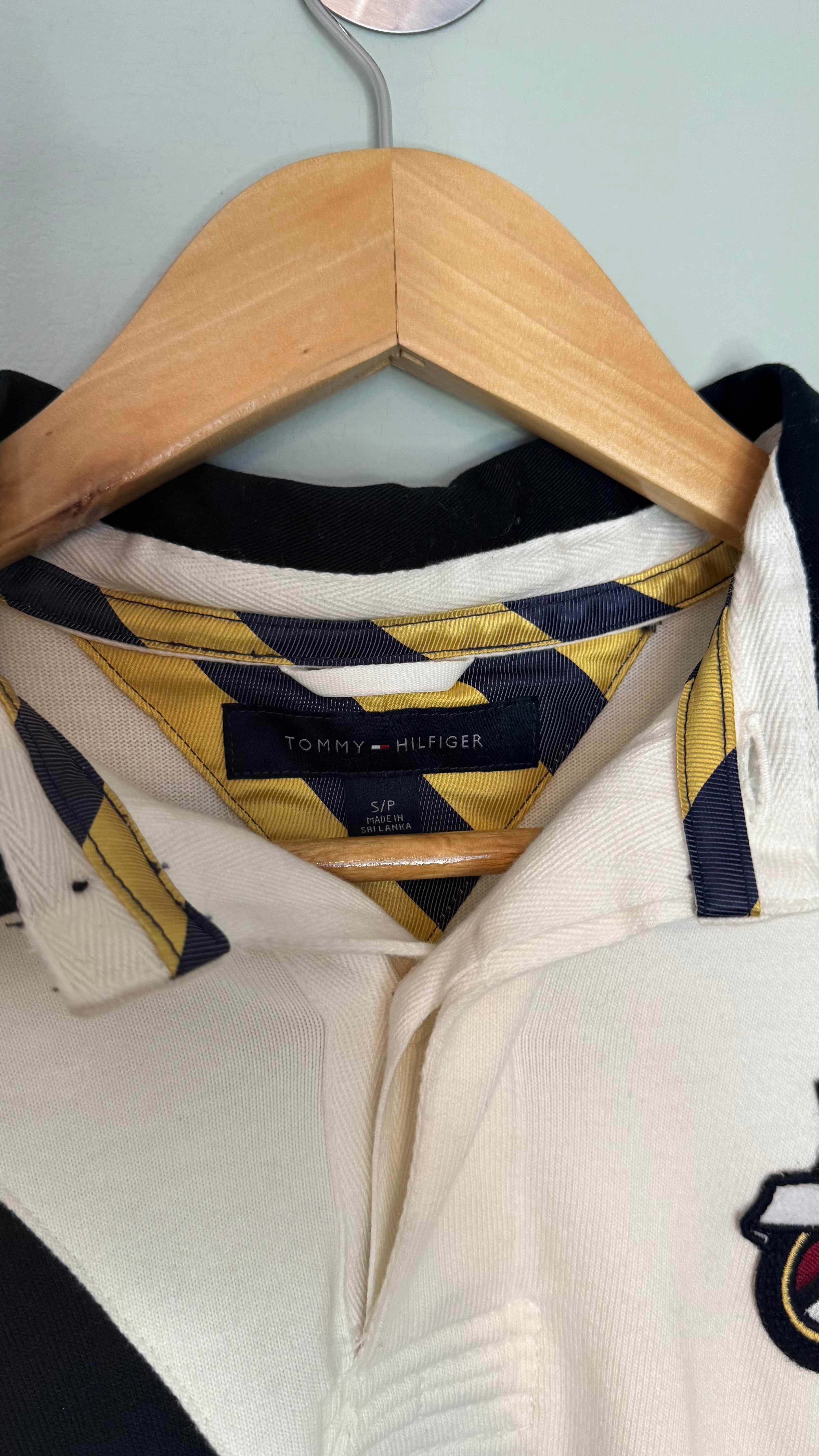 Tommy Hilfiger Rugby Polo Shirt White Navy Crest Long Sleeve Size Small
