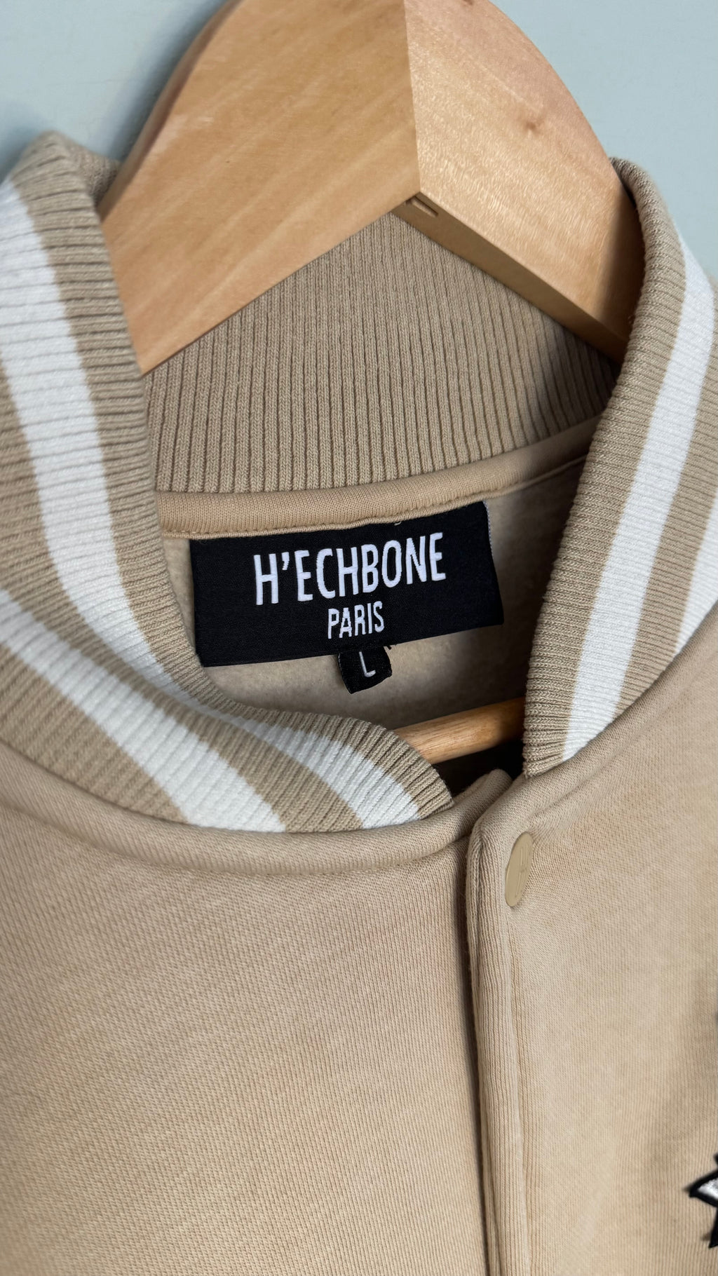 H’ECHBONE Paris Varsity Bomber Jacket Beige & White Size L