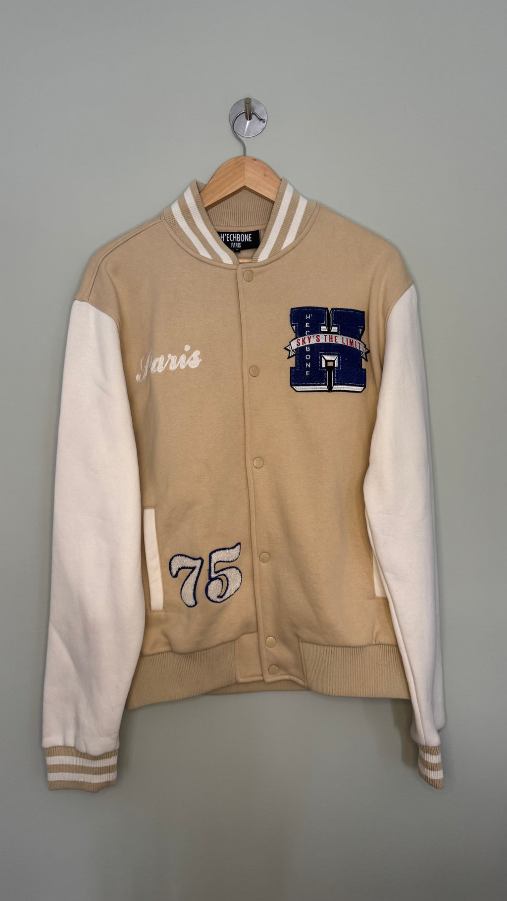 H’ECHBONE Paris Varsity Bomber Jacket Beige & White Size L