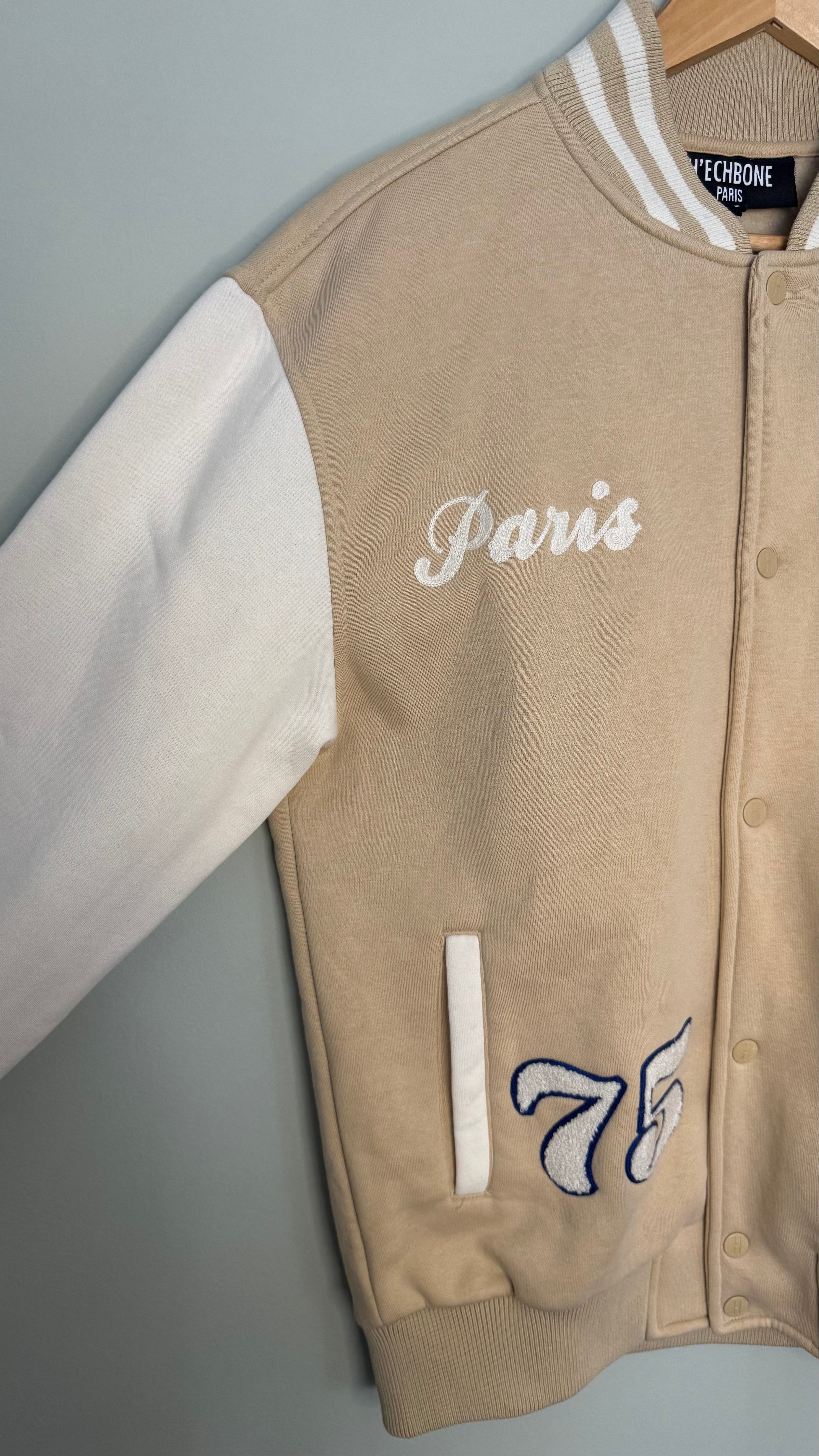 H’ECHBONE Paris Varsity Bomber Jacket Beige & White Size L