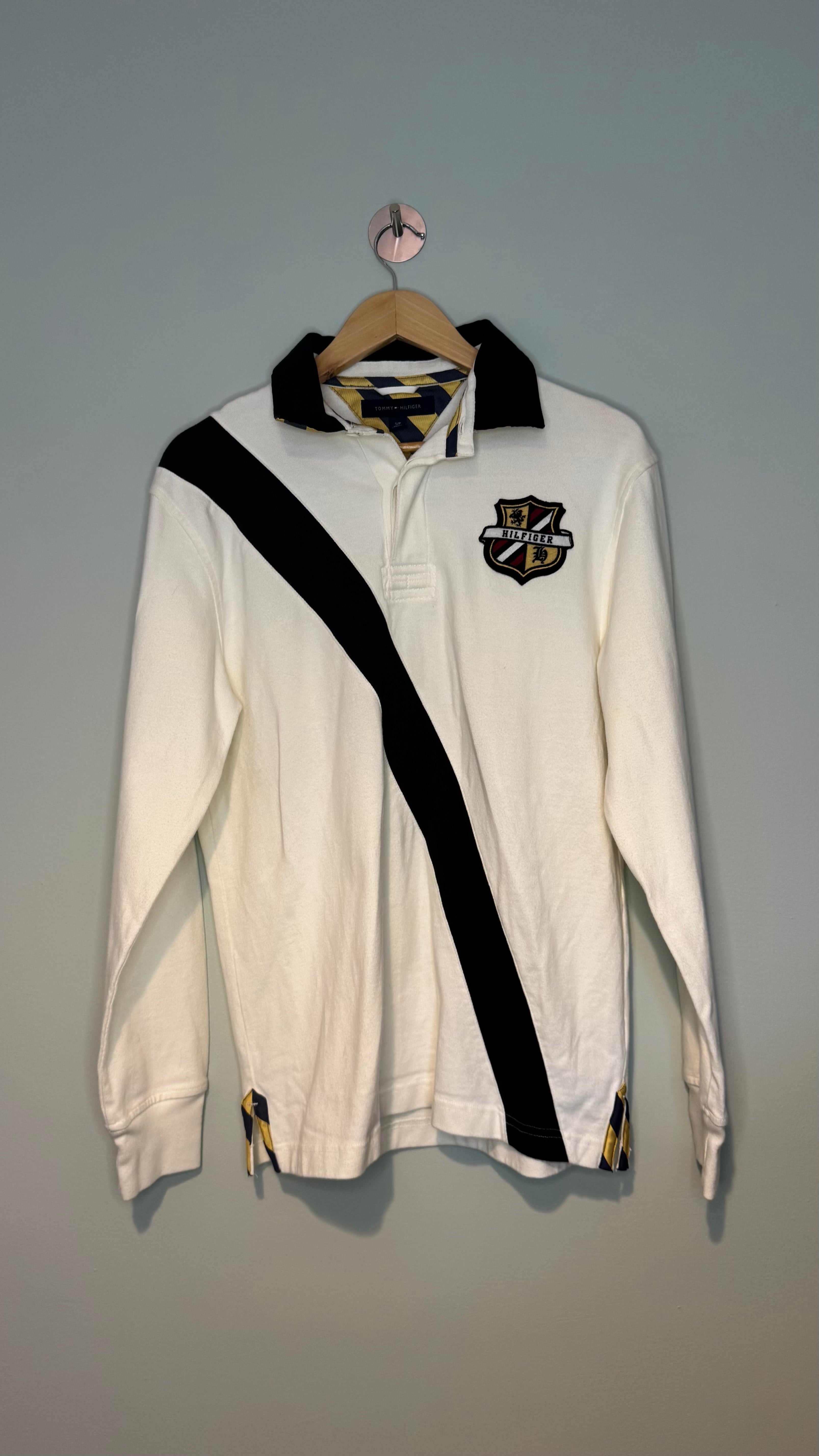 Tommy Hilfiger Rugby Polo Shirt White Navy Crest Long Sleeve Size Small