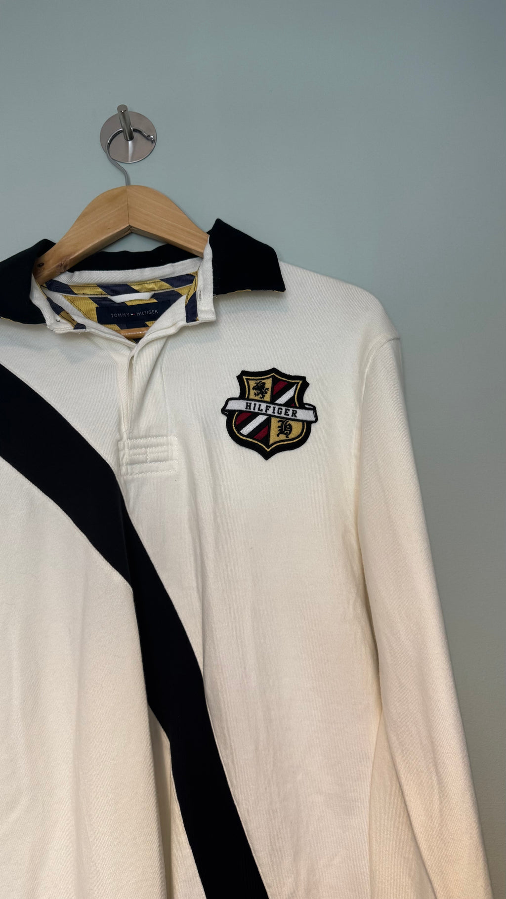 Tommy Hilfiger Rugby Polo Shirt White Navy Crest Long Sleeve Size Small
