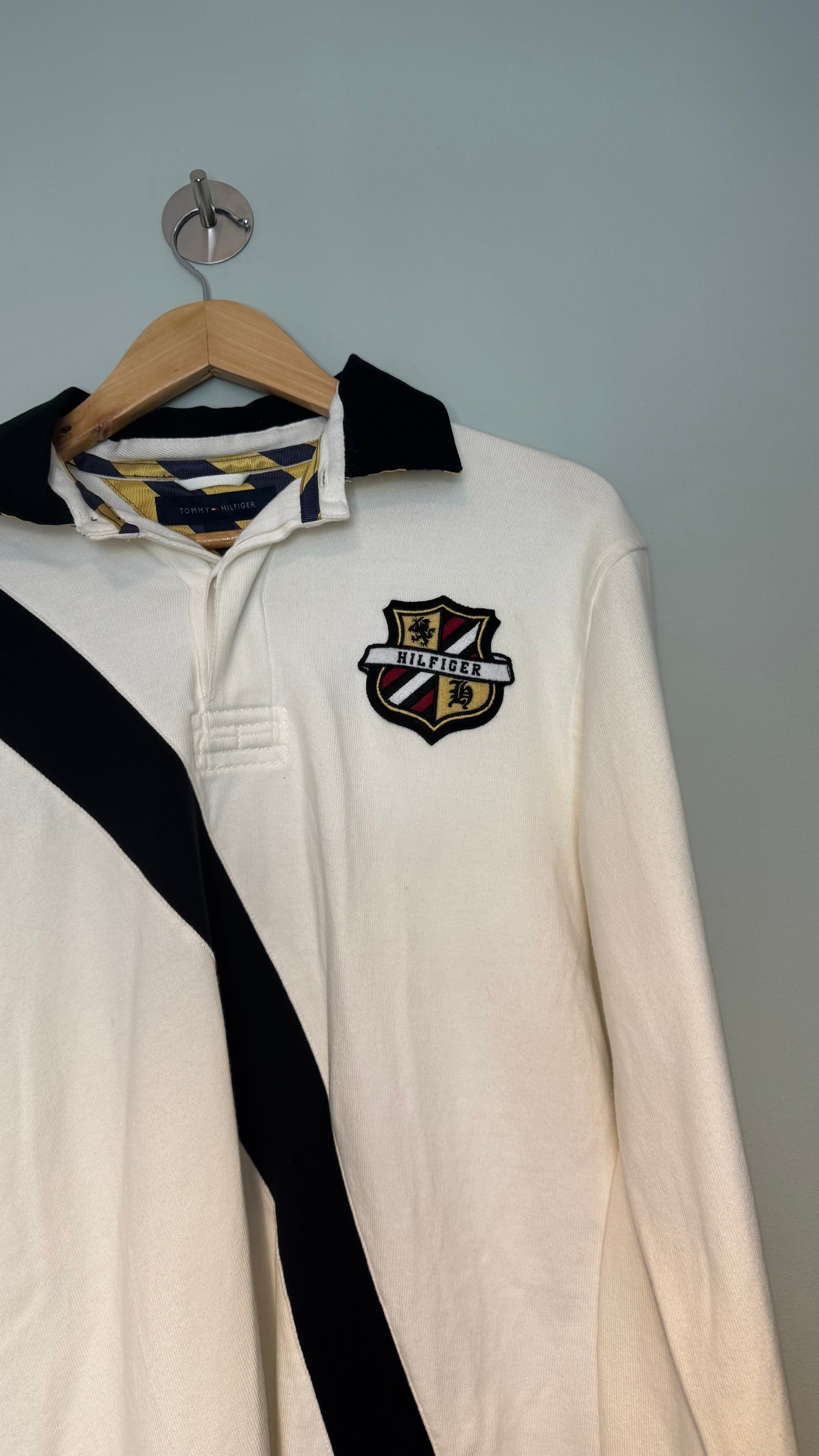 Tommy Hilfiger Rugby Polo Shirt White Navy Crest Long Sleeve Size Small