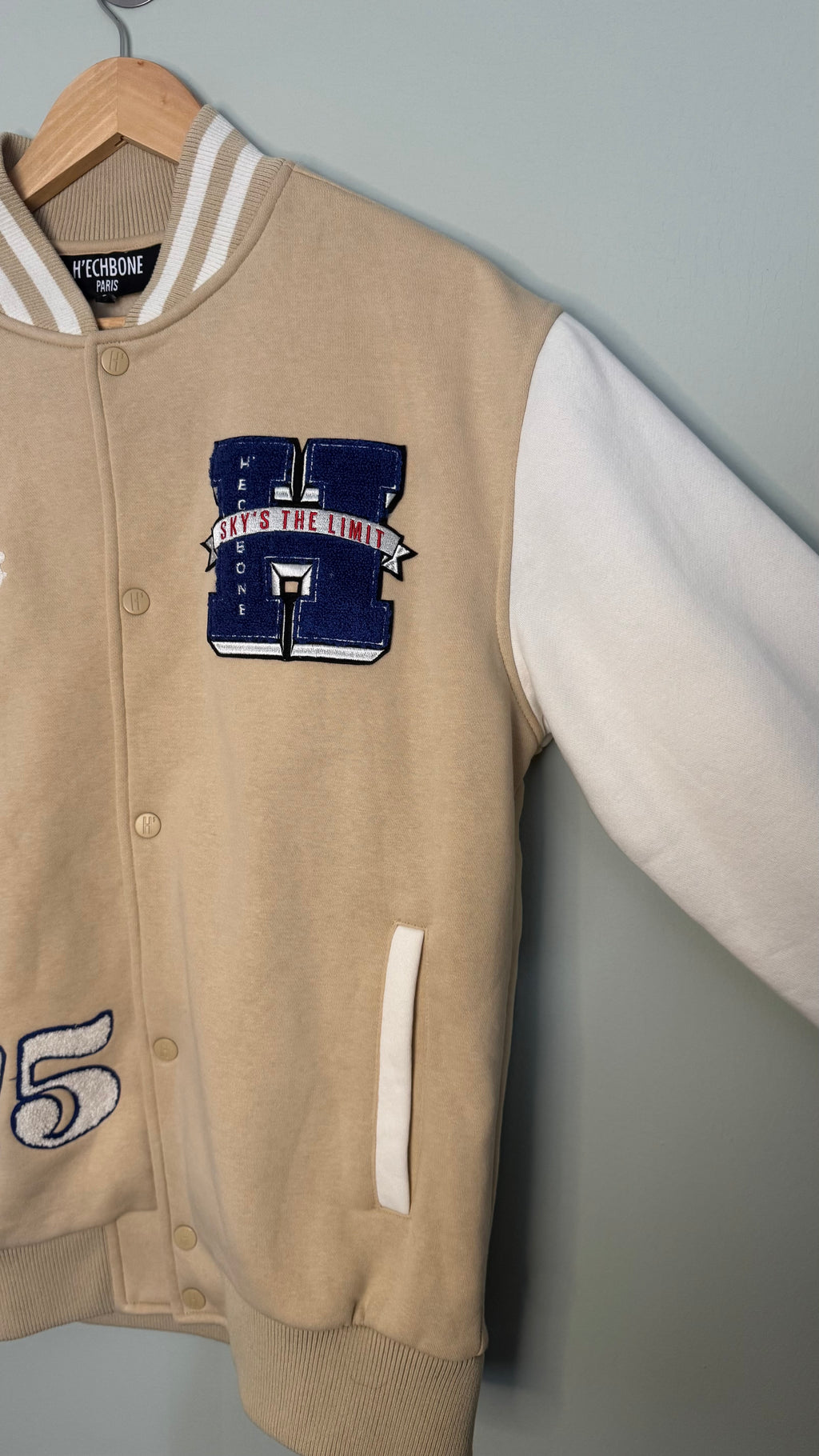 H’ECHBONE Paris Varsity Bomber Jacket Beige & White Size L