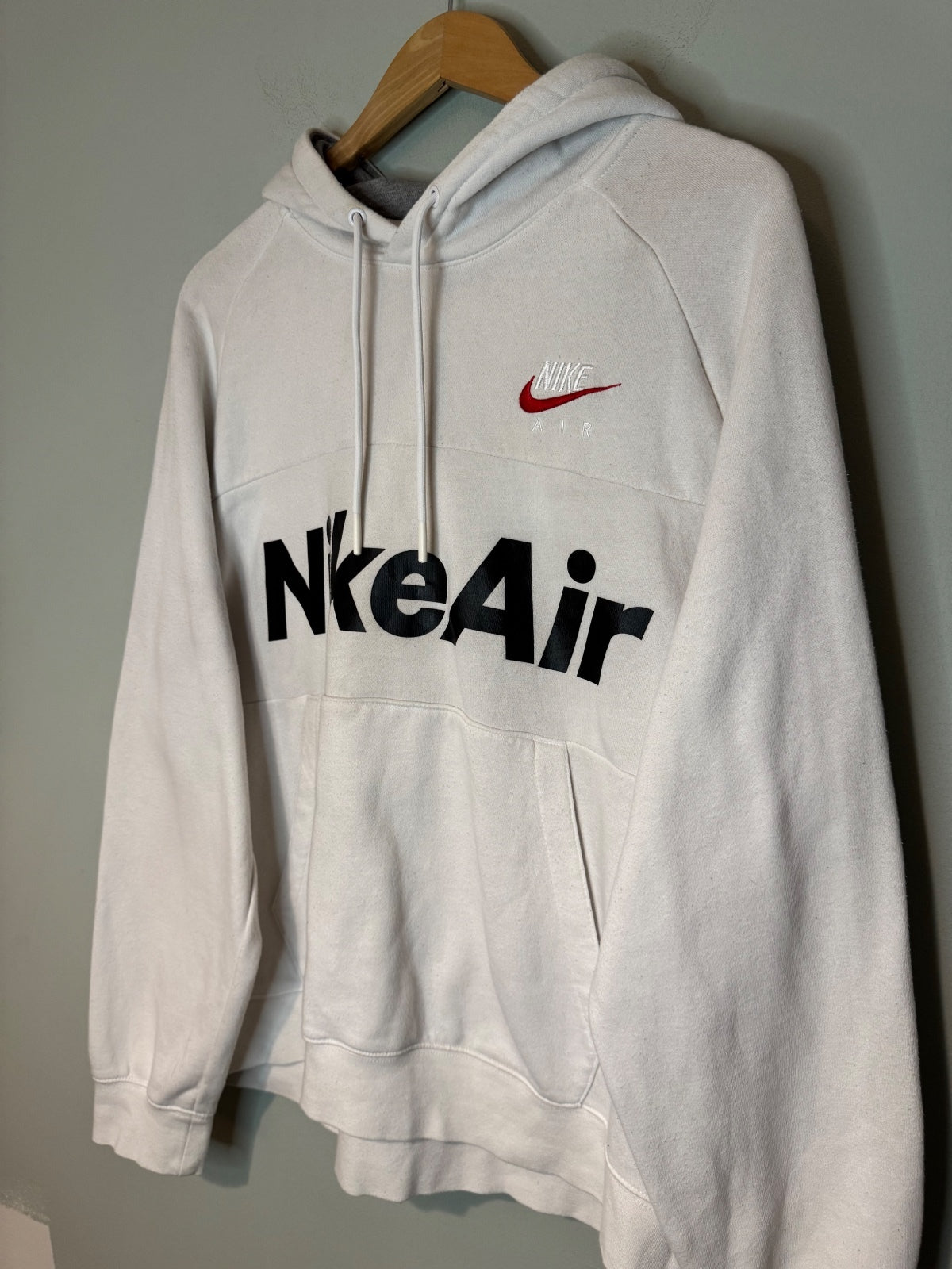 Nike Air White Hoodie with Red and Black Logo, Size Large