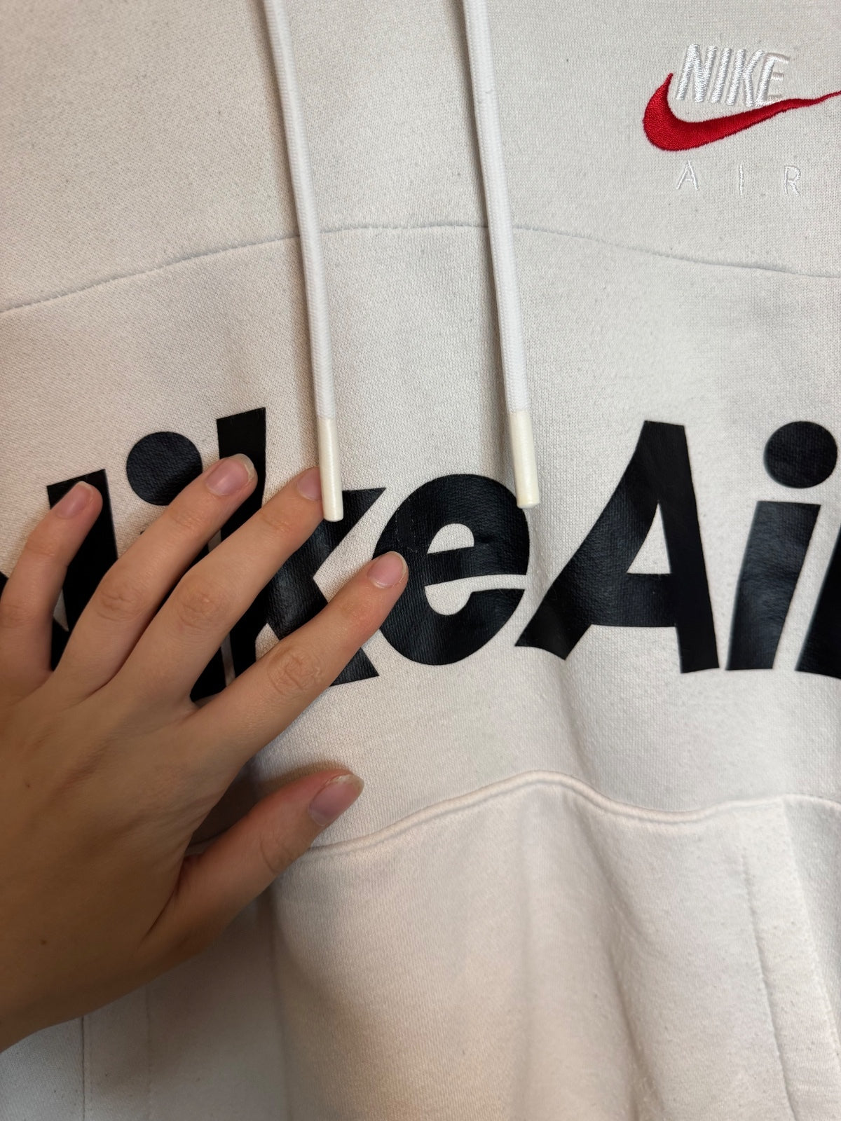 Nike Air White Hoodie with Red and Black Logo, Size Large
